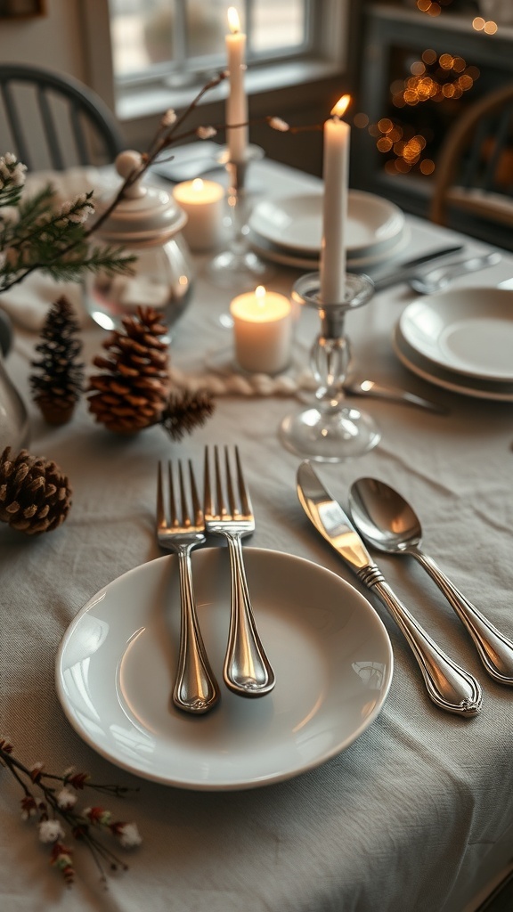 A beautifully set table featuring vintage silverware, white plates, and candles, surrounded by pinecones and greenery.