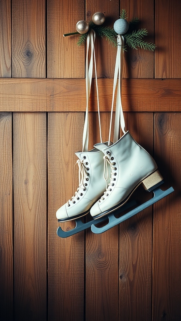 A pair of vintage white ice skates hanging on a wooden wall, decorated with ornaments and greenery.