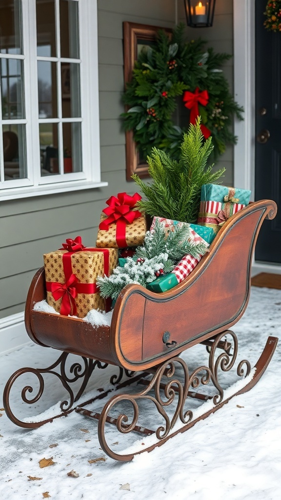 A vintage sleigh decorated with gifts and greenery on a snowy porch.