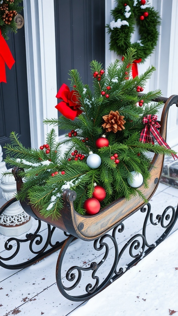 A vintage sleigh decorated with greenery and ornaments on a snowy porch.