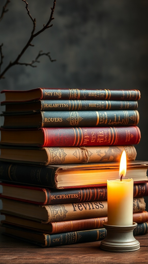 A stack of vintage storybooks with a candle beside them, creating a cozy and spooky atmosphere.