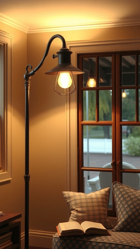 A vintage style floor lamp in a cozy room with a book and pillows.