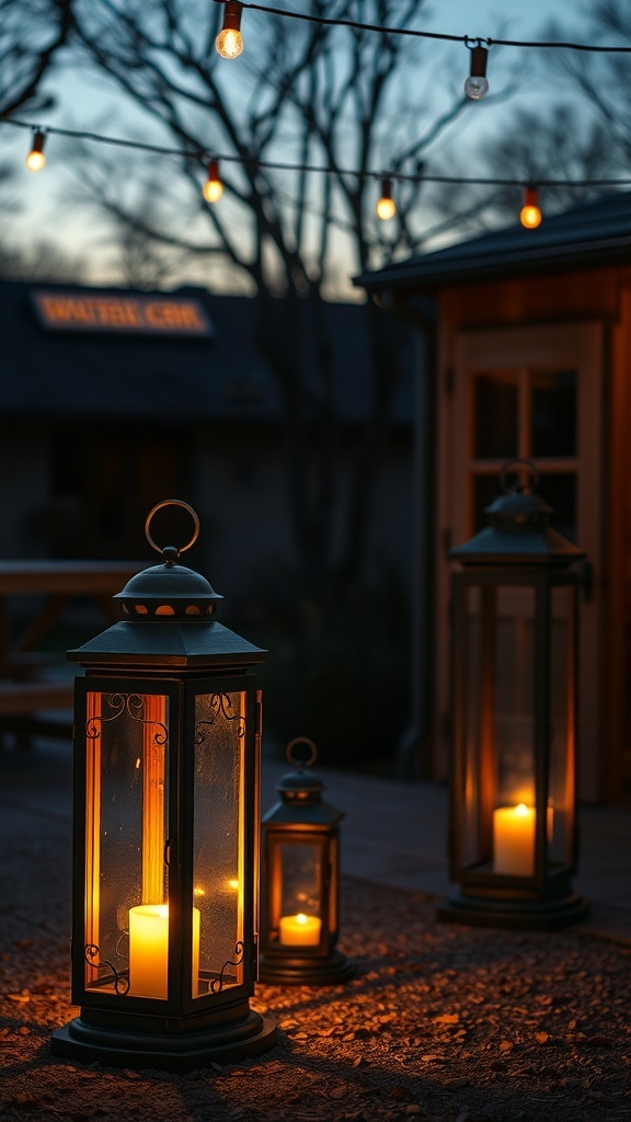 A collection of vintage style floor lanterns with candles, glowing warmly in the evening light.