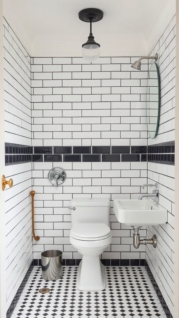 A bathroom featuring vintage subway tiles in black and white with a modern sink and mirror.