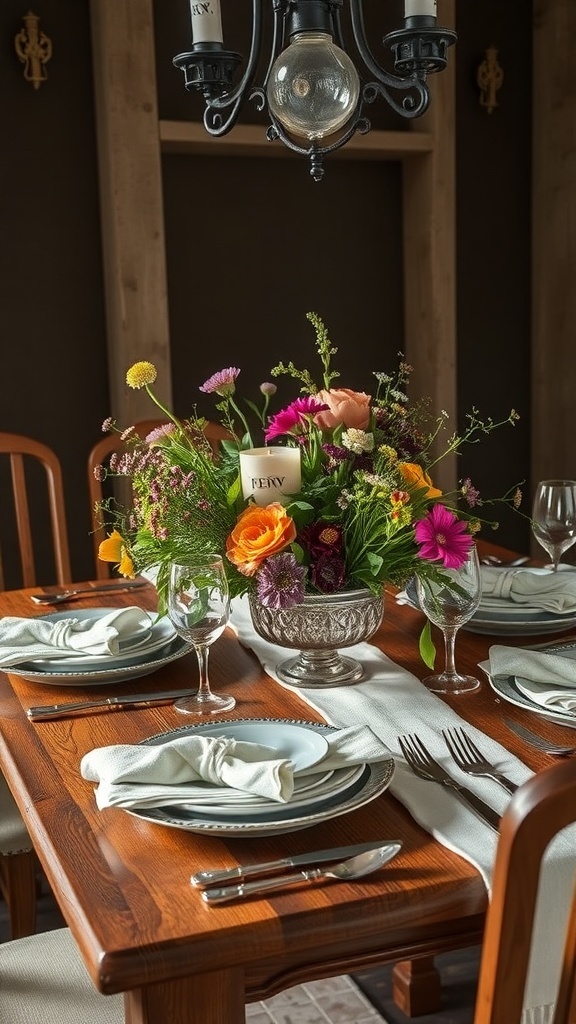 A rustic dining table set with elegant glassware, plates, and a colorful floral centerpiece.