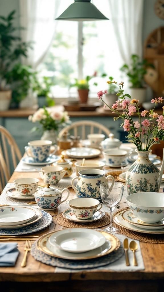 A beautifully arranged vintage tableware collection on a kitchen table, featuring floral patterns and elegant glassware.