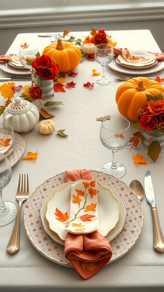 A beautifully set autumn table featuring vintage tableware, pumpkins, and floral decorations.