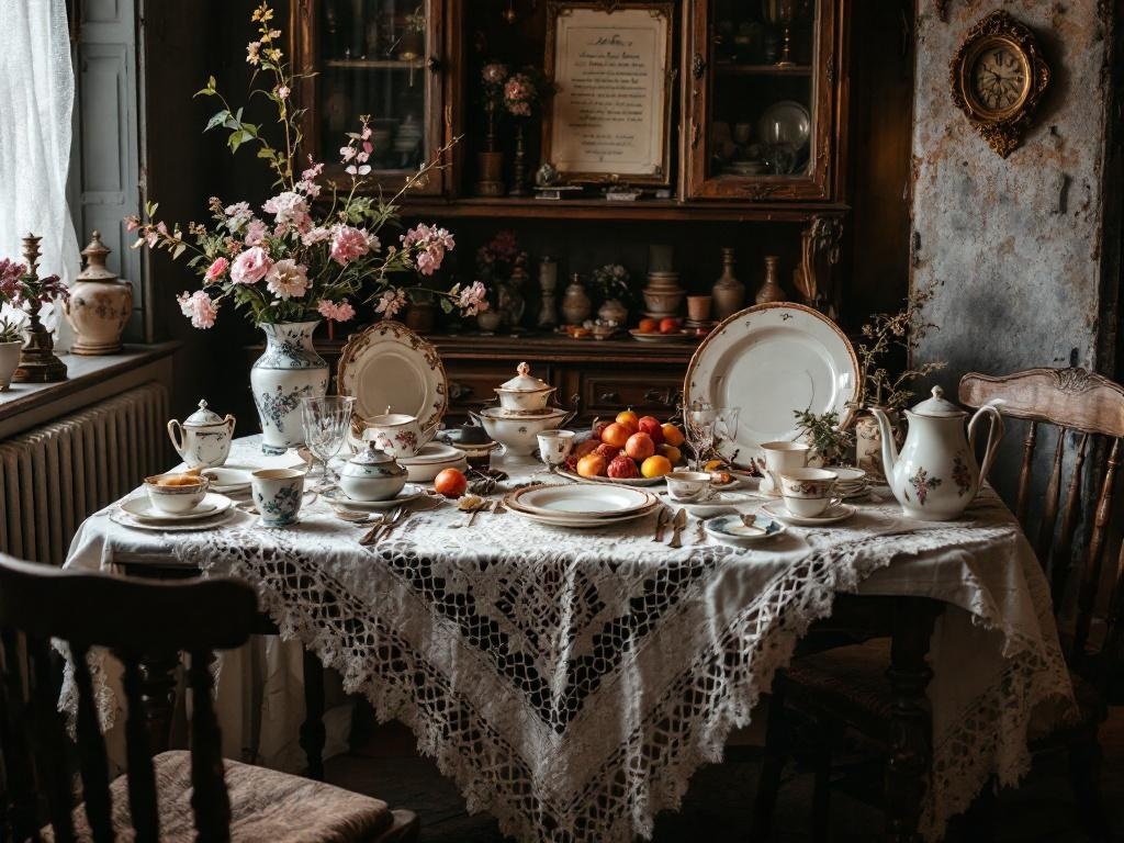 A vintage Thanksgiving table setting with floral centerpiece, china dishes, and fruits.