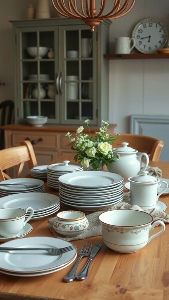 A beautifully set farmhouse kitchen table with vintage tableware including plates, cups, and a floral centerpiece.