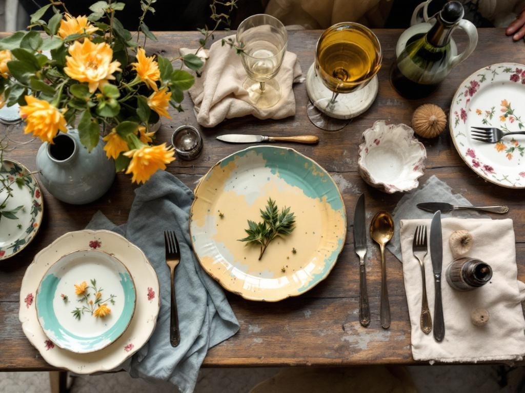 A rustic Thanksgiving table setting featuring vintage tableware, colorful plates, floral designs, and natural elements.