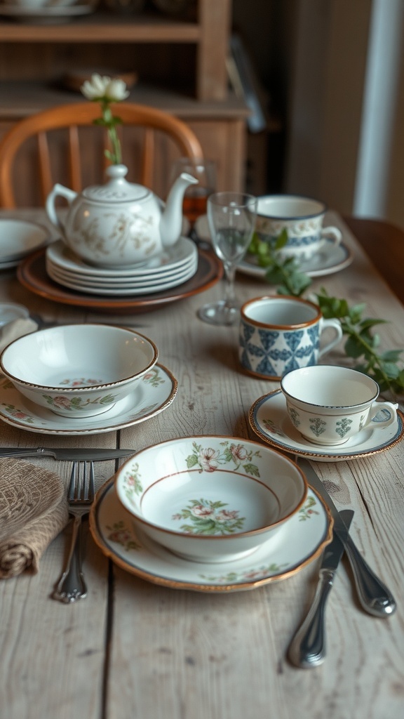 A rustic table set with vintage tableware, including floral plates, a teapot, and decorative cups.