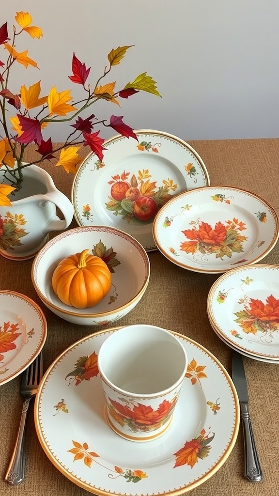 A vintage tableware setting featuring plates with fall motifs, a small pumpkin, and colorful autumn leaves.
