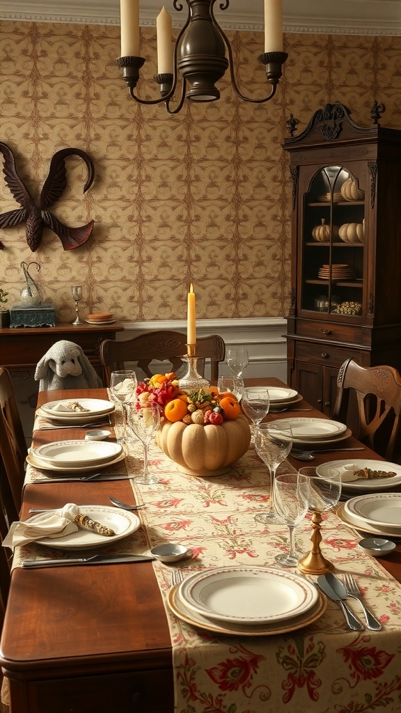A vintage Thanksgiving table setting with a pumpkin centerpiece, elegant tableware, and a floral tablecloth.