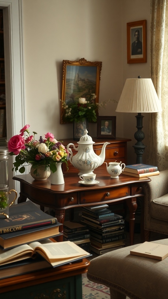 A vintage tea set displayed on a wooden table with flowers and books in a cozy living room.
