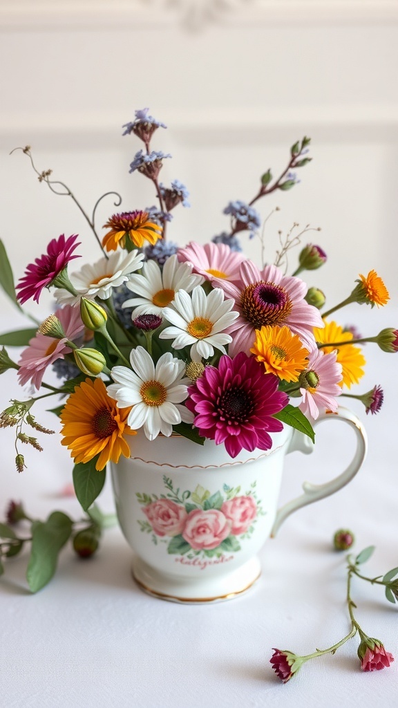 A vintage teacup filled with a variety of colorful flowers.