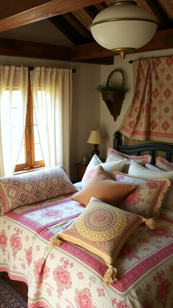A rustic bedroom featuring vintage textiles, including a colorful quilt and patterned pillows.