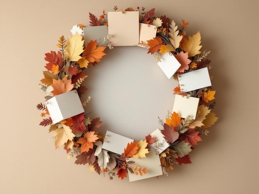 A wreath made of colorful autumn leaves with blank cards attached, symbolizing Thanksgiving.