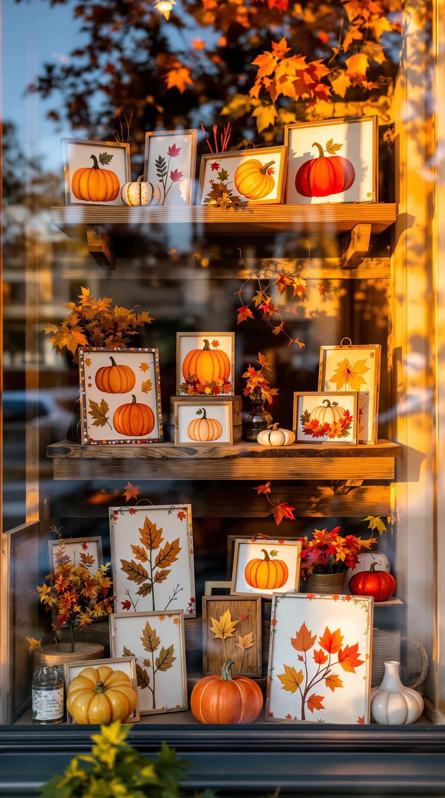 A window display featuring a variety of vintage Thanksgiving cards with colorful illustrations and messages.