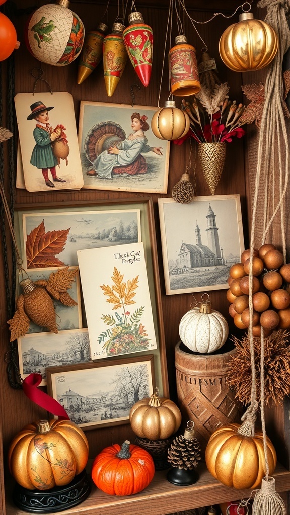 A collection of vintage Thanksgiving decorations including postcards, pumpkins, and colorful ornaments.
