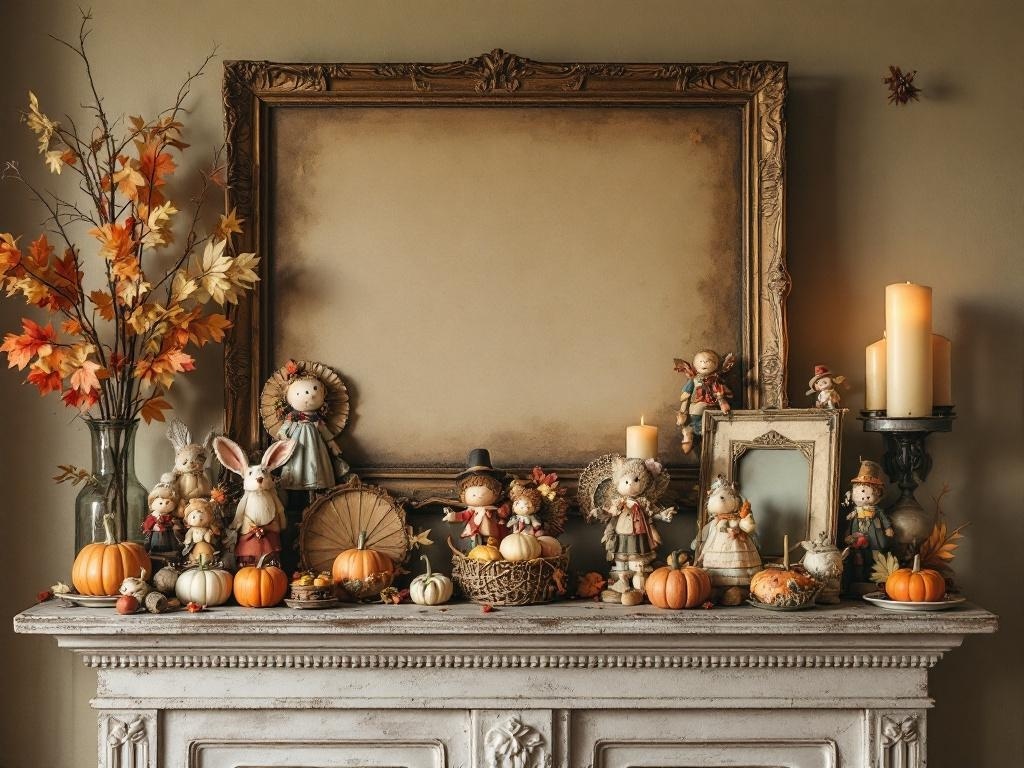 A vintage Thanksgiving mantel decor featuring figurines, pumpkins, and autumn leaves.
