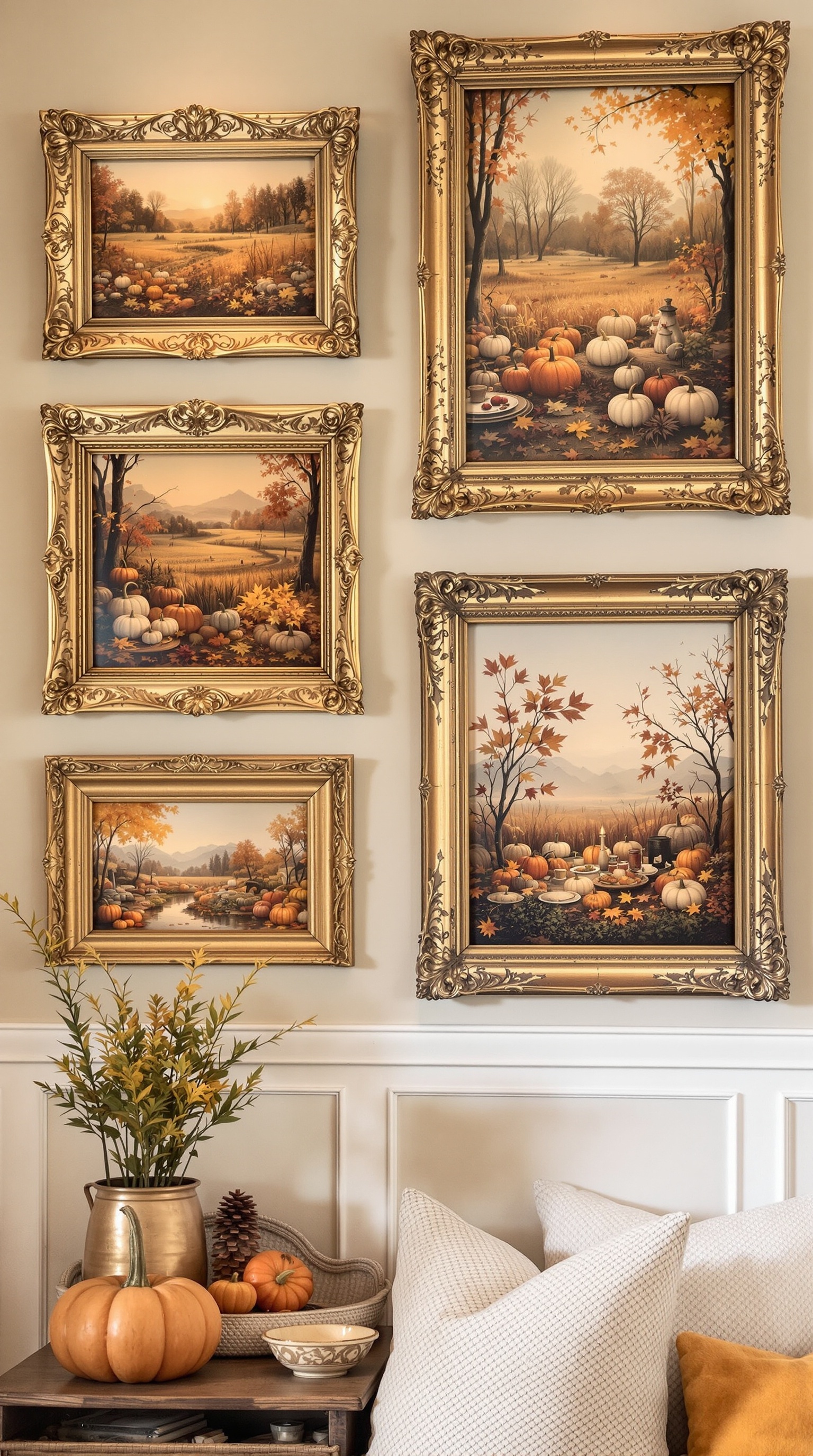 A collection of vintage Thanksgiving prints framed on a wall, featuring pumpkins, turkeys, and autumn leaves.