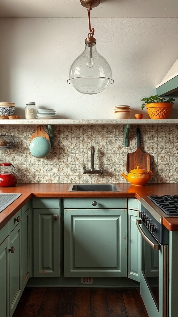 A rustic farmhouse kitchen featuring vintage tin tiles as a backsplash.