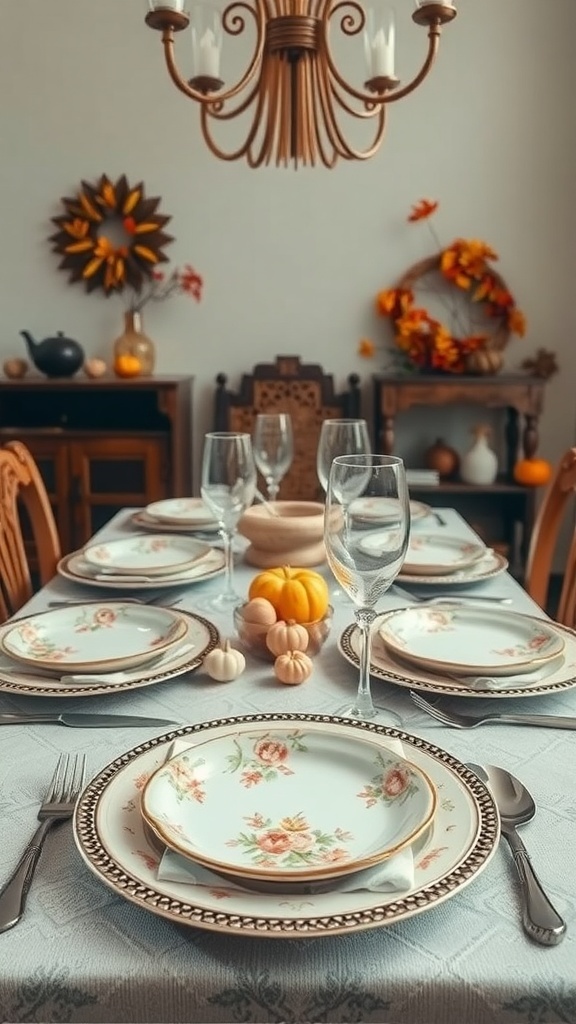 A beautifully set dining table featuring antique plates with floral designs, surrounded by small pumpkins and elegant glassware.