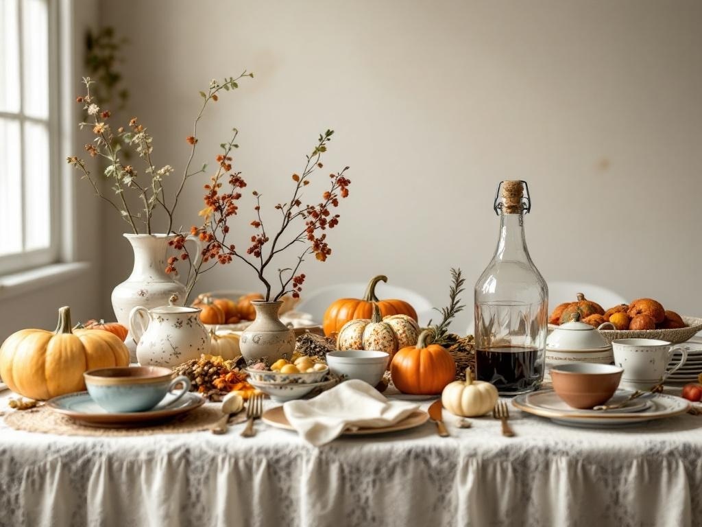A beautifully set Thanksgiving table with vintage touches, featuring pumpkins, rustic dishes, and floral arrangements.
