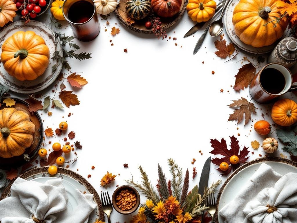 A beautifully arranged Thanksgiving table with pumpkins, leaves, and antique decor.
