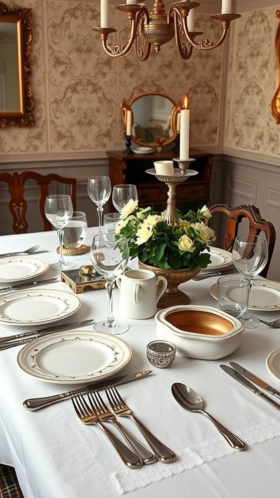 A vintage dining table set with antique silverware, fine china, and a floral centerpiece.