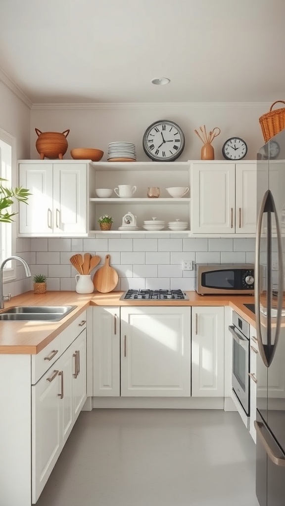 A cozy kitchen with white cabinets, wooden countertops, and vintage decor.