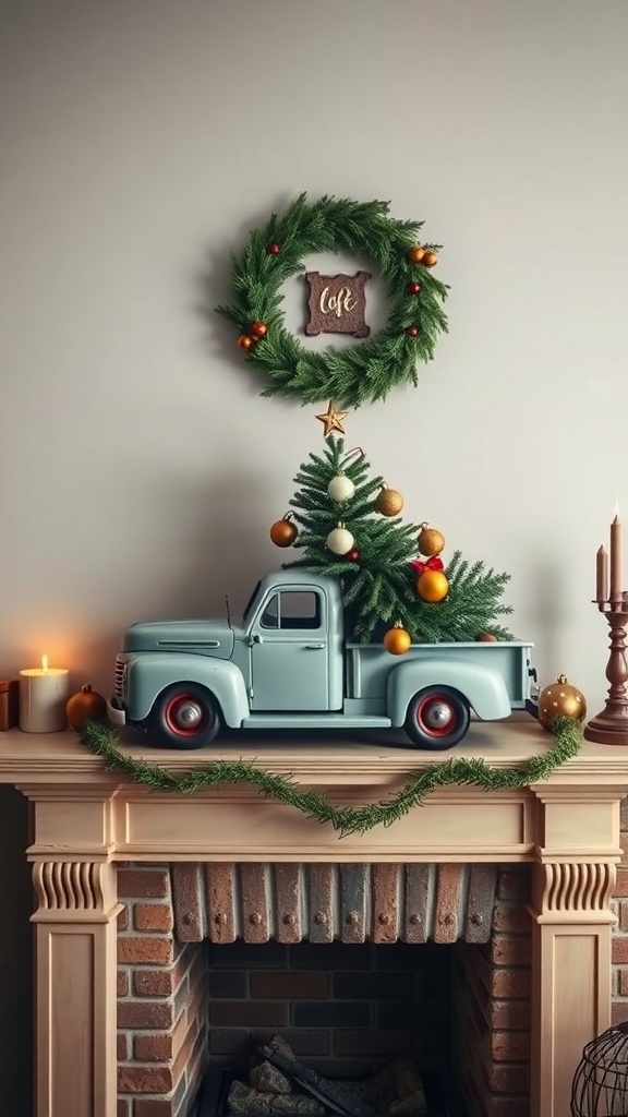 A vintage truck with a small tree and ornaments on a fireplace mantel.