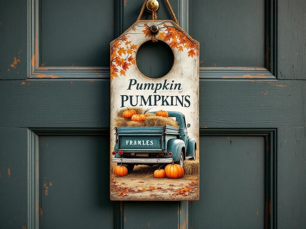 A vintage truck filled with pumpkins on a door hanger, featuring autumn leaves and a rustic design.