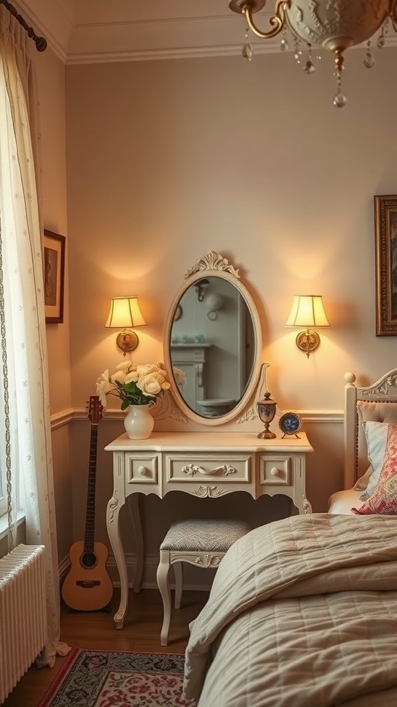 A vintage vanity corner with a mirror, flowers, and soft lighting in a cozy bedroom.
