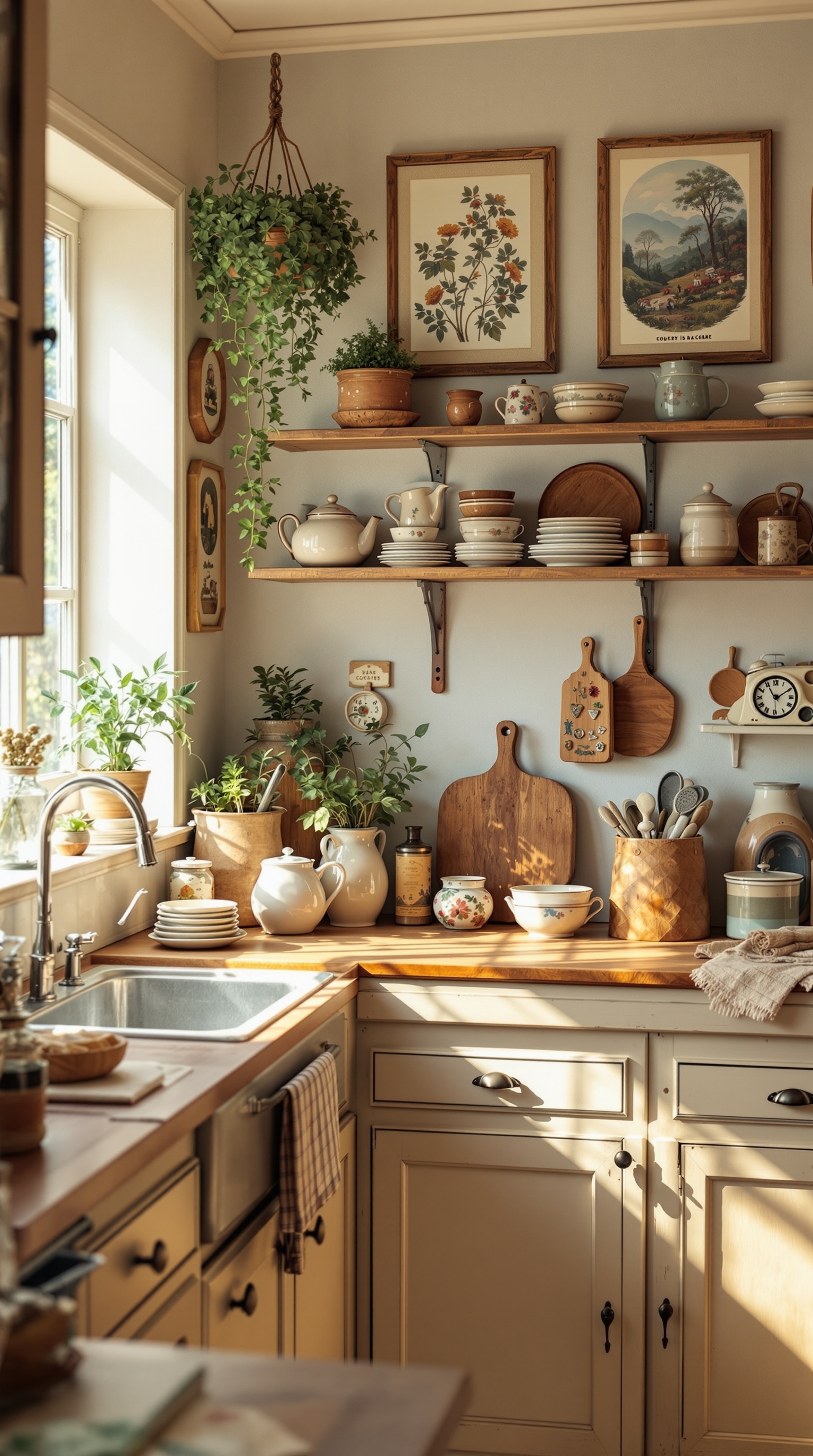 A cozy cottage kitchen featuring vintage wall art, wooden shelves, and rustic decor.