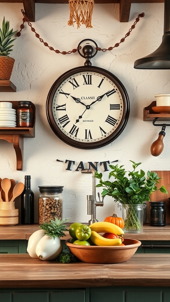 A vintage wall clock hanging in an Italian farmhouse kitchen, surrounded by rustic decor and fresh produce.