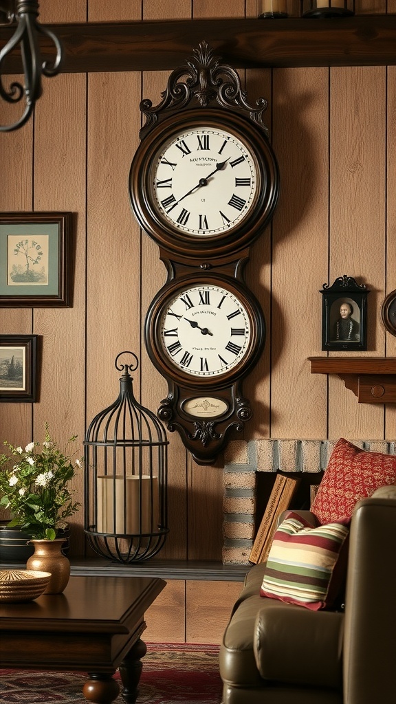 Vintage wall clock with Roman numerals on a wooden wall, surrounded by framed pictures and rustic decor.
