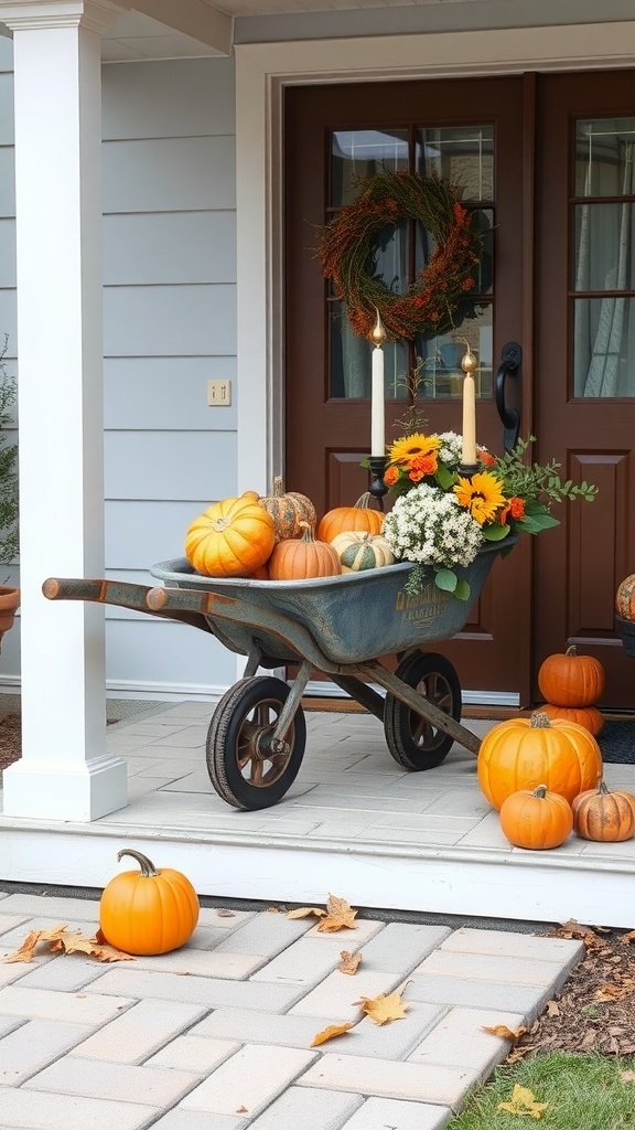 A vintage wheelbarrow filled with pumpkins and flowers, displayed on a porch with a welcoming door.