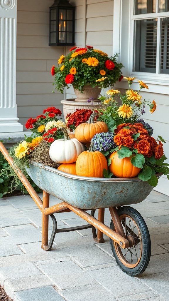 A vintage wheelbarrow filled with colorful flowers and pumpkins on a front porch.