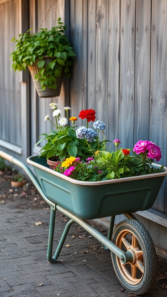 A vintage wheelbarrow filled with vibrant flowers, set against a wooden fence.