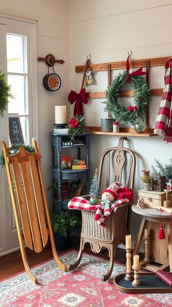 A cozy winter decor setup featuring a vintage sled, a decorated shelf with a wreath, and festive accents.