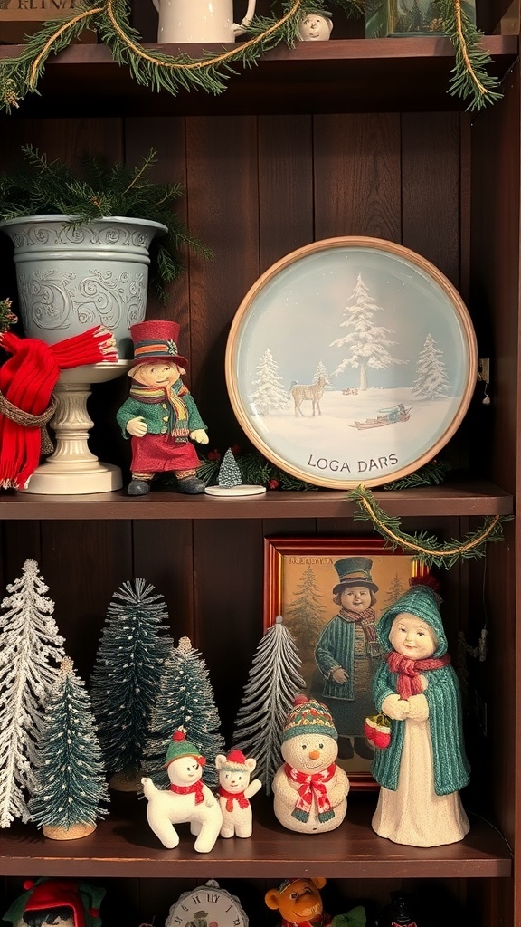 A collection of vintage winter decor including snowmen, figurines, and small trees on a shelf.