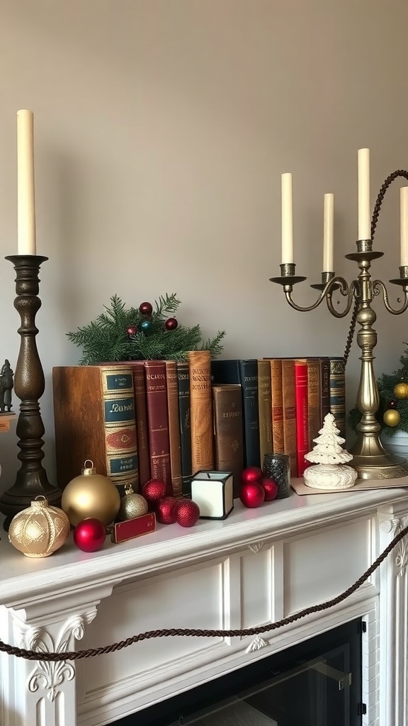 A vintage-inspired mantel decorated with books, ornaments, and candles.