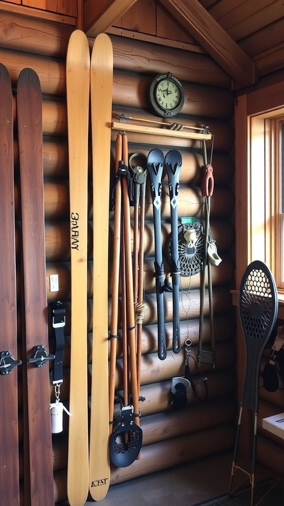 A display of vintage wooden skis and paddles on a cabin wall.