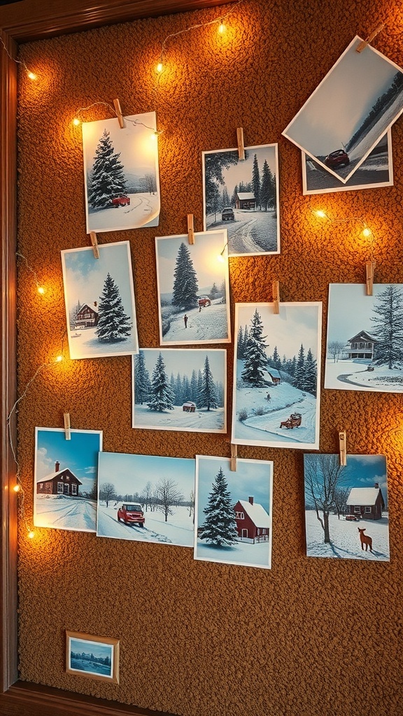 A display of vintage winter postcards on a wall with warm lights.
