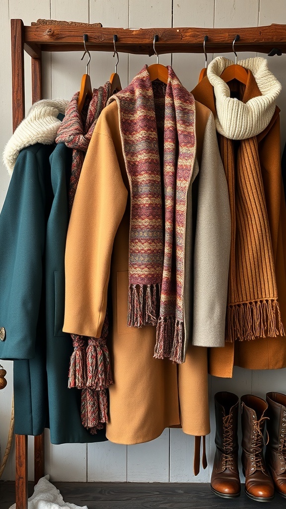 A collection of vintage winter coats and scarves hanging on a wooden rack.