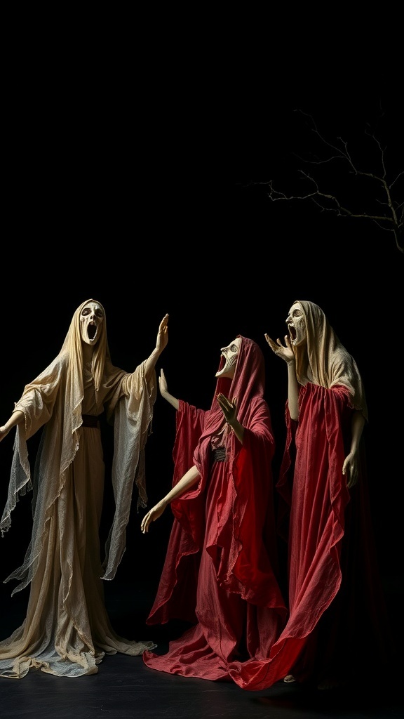 Three ghostly figures representing wailing banshees, draped in flowing fabrics, with open mouths in a dark setting.