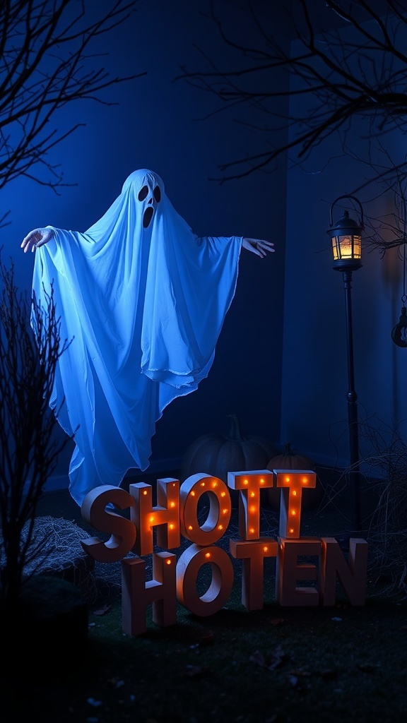 A ghost decoration with arms outstretched, illuminated by blue light, with a lantern and glowing letters in the foreground.
