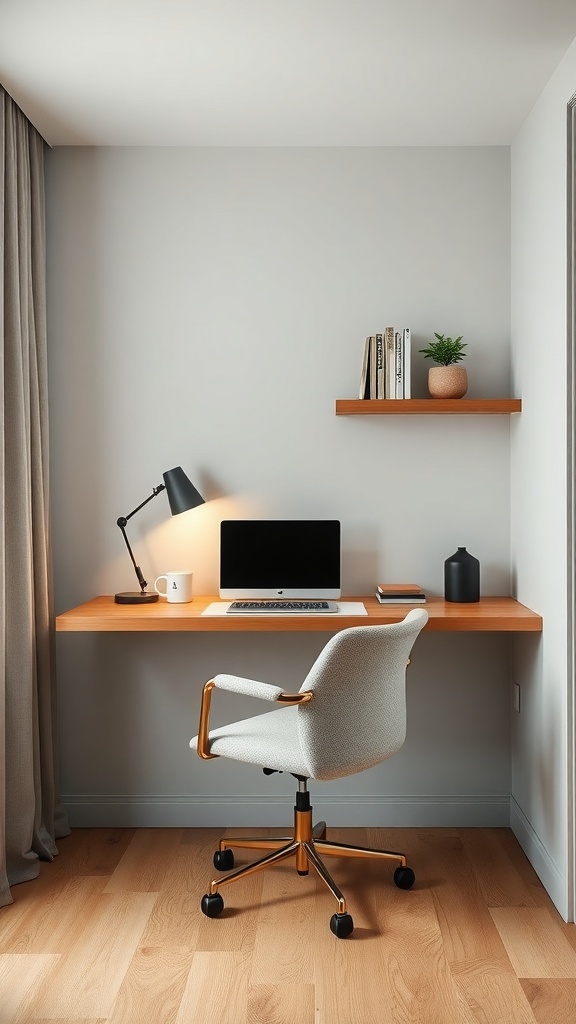 A compact wall-mounted desk setup with a chair, lamp, and decorative items.