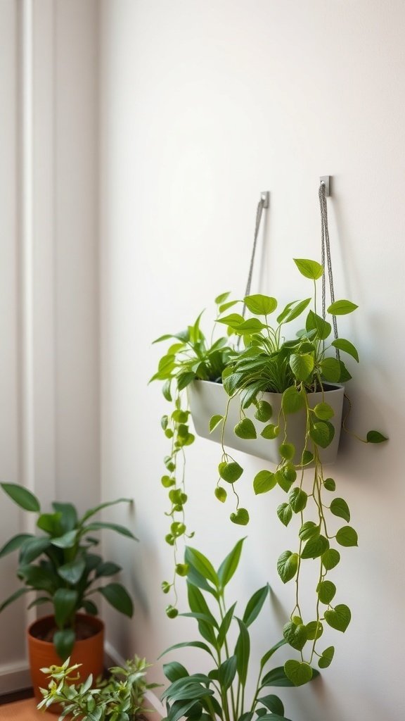 Wall-mounted planters with green plants cascading down, enhancing the living room decor.